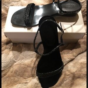 Ann Taylor Loft Black Leather Wedge Heel Sandals